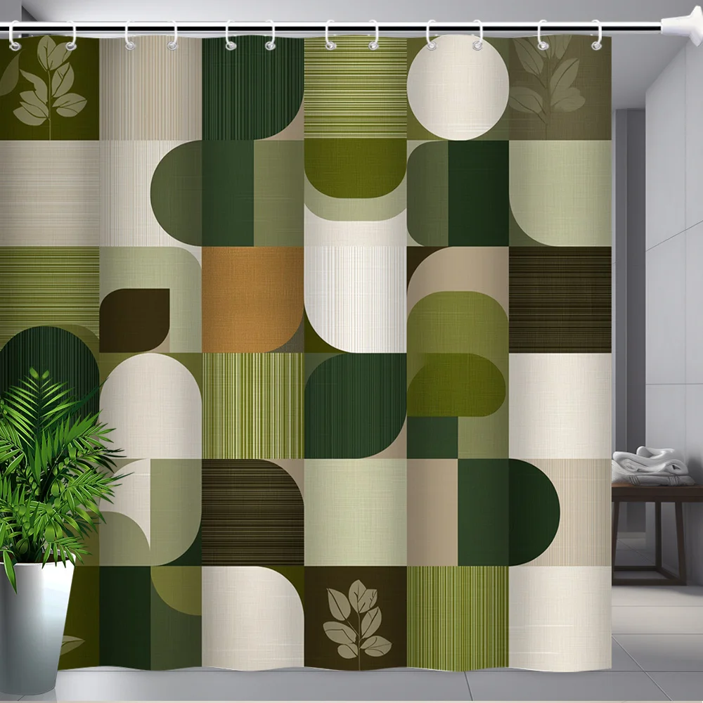 Mid Century Modern Geometric Shower Curtain Olive Green Coffee Overlapping Ellipse Rectangle Textured Grid Bathroom Decor