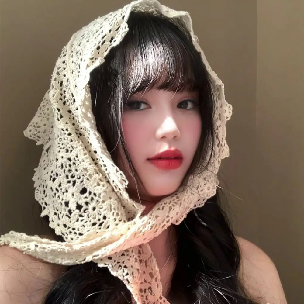 Fashion Sheer Mesh Floral Lace Scarf Solid Color Versatile Strap Triangle Hair Scarf Hollow Design Neck Scarf Beach Outfits