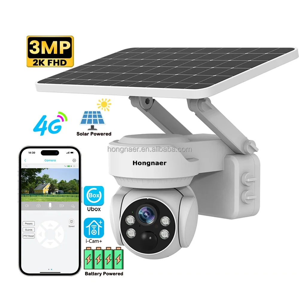 2026 Hongnaer 3MP 4G LTE Wireless Solar Powered Panel PTZ Surveil IP Camera ICam+ Ubox Outdoor Security 4G Sim Card Solar CCTV C