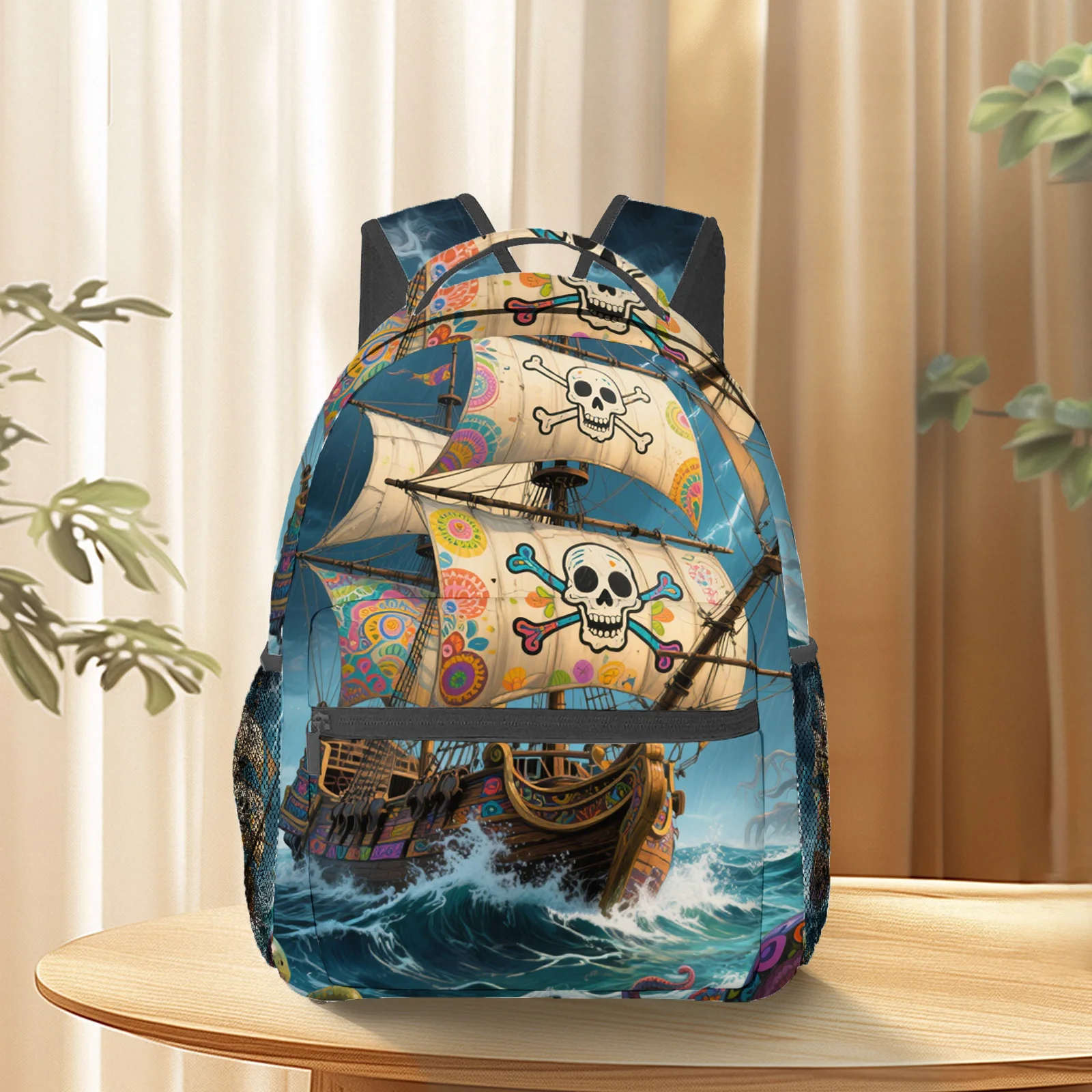 Colorful Pirate Ship Print Backpack Skull Crossbones Pattern School Bag Lightweight Casual Daypack For Students Travel Daily Use