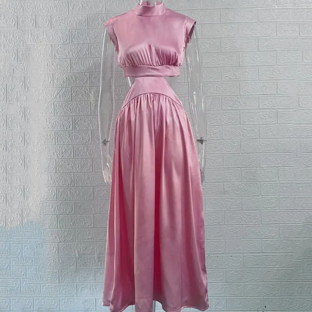 Robe longue élégante à col montant pour femmes, tenue de soirée de Cocktail plissée, ligne a, mode vacances pour femmes