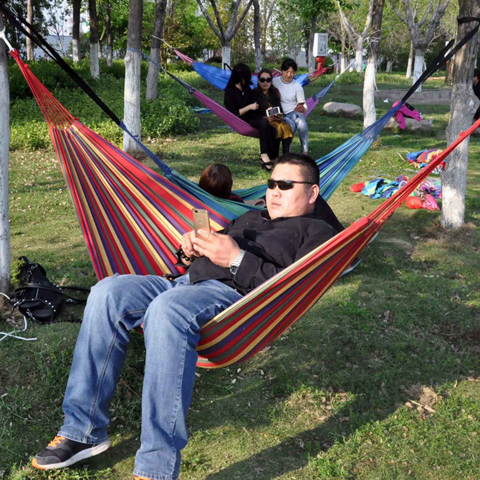 

Rainbow Design Single Person Hammock Canvas Lightweight Outdoor Camping Hanging Swing Bed for Travel Relaxation Gift