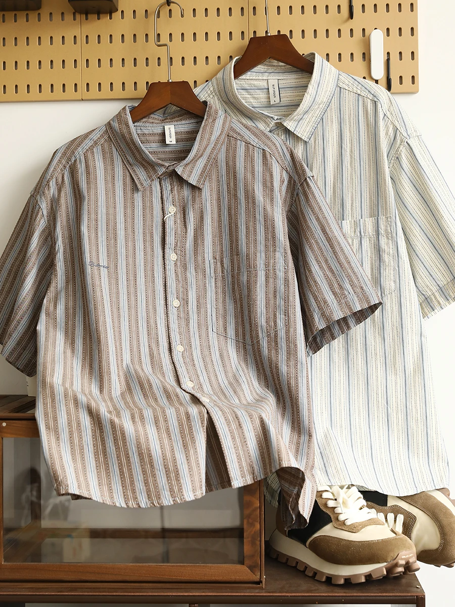 

Retro Japanese Sle Striped irt Men's Summer Thin Breathable Fre Waed Pure Cotton Casual ort Sve Trendy irt