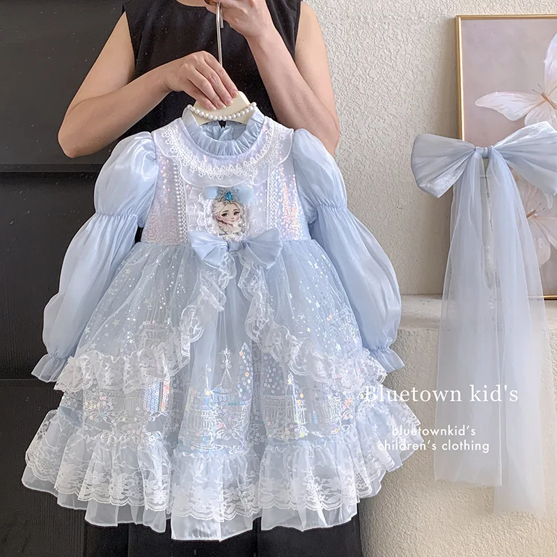

Girl's Elsa Princess Dress Spring Autumn Color Contrasting Long Sleeve Kids Puff Dresses Fashion Children's Birthday Gowns