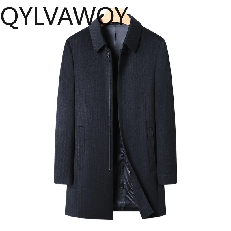 

Мужская куртка QYLVAWOY из 90% шерсти, новая осенне-зимняя модель, удлиненное кашемировое пальто с отложным воротником, утепленная одежда для мужчин, высококачественная деловая одежда