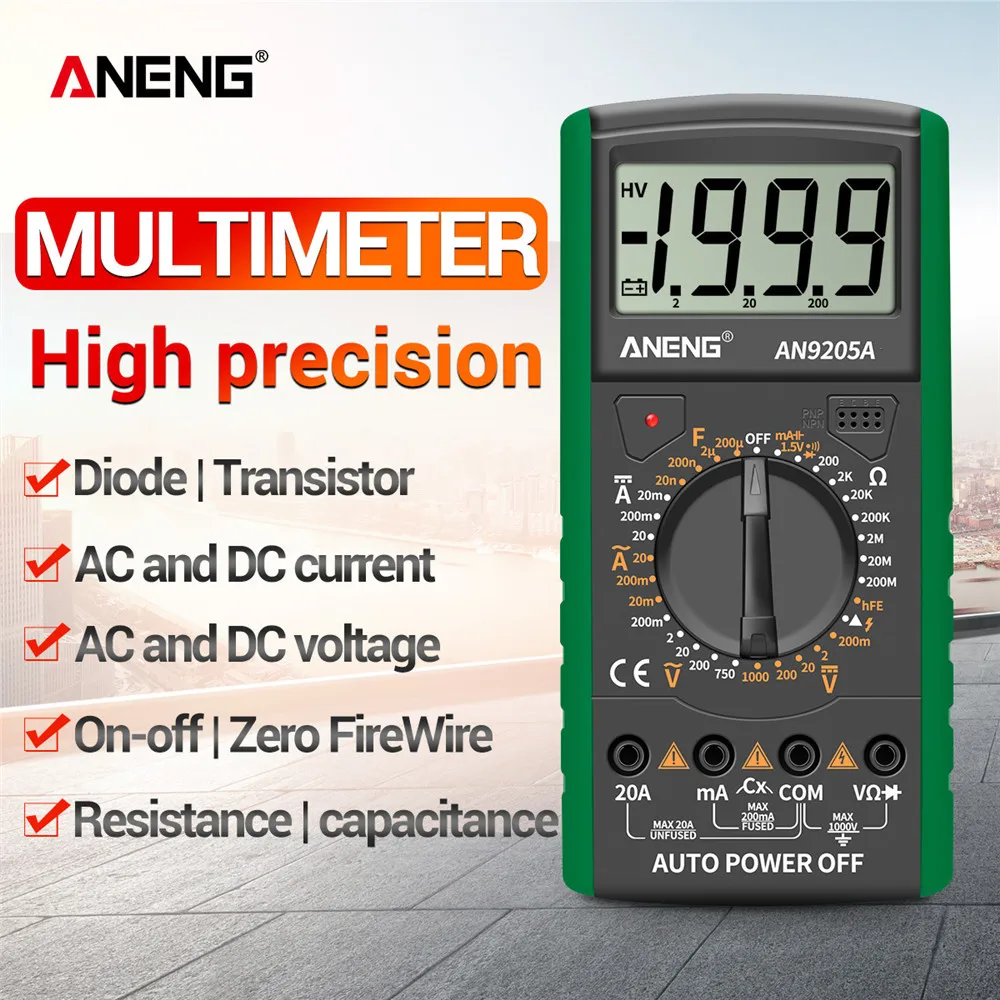 AN9205A Digital Multimeter 3 1/2 LCD Display 1999 Count Manual Range  Meter AC  Resistance Capacitance Transistor Tester
