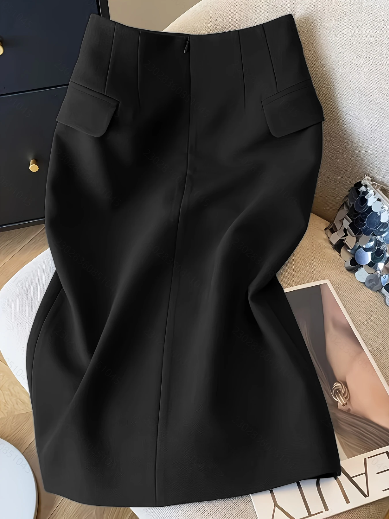 New 2026 Women's Black High-Waisted Midi Skirt, Button Fly Pocket Slit Flattering Office Versatile Suit Bodycon Skirt
