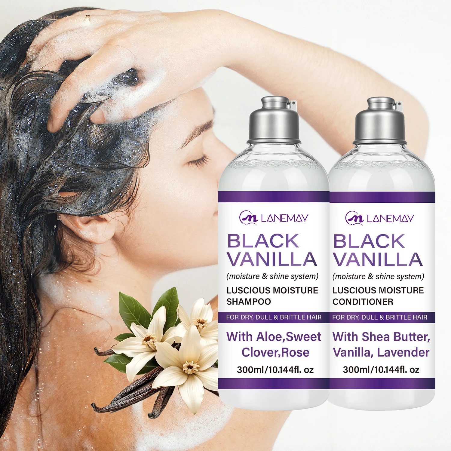 

Black Vanilla Shampoo & Conditioner Set – Moisturizing & Shine System for Dry, Dull Hair.