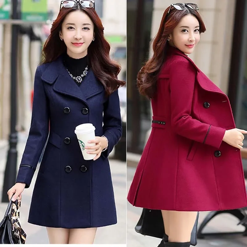 Women New Double-breasted Mock Wool Coats Autumn Winter Slim Solid Colors Blends Coats Fashion Warm Trench Office Lady Jackets