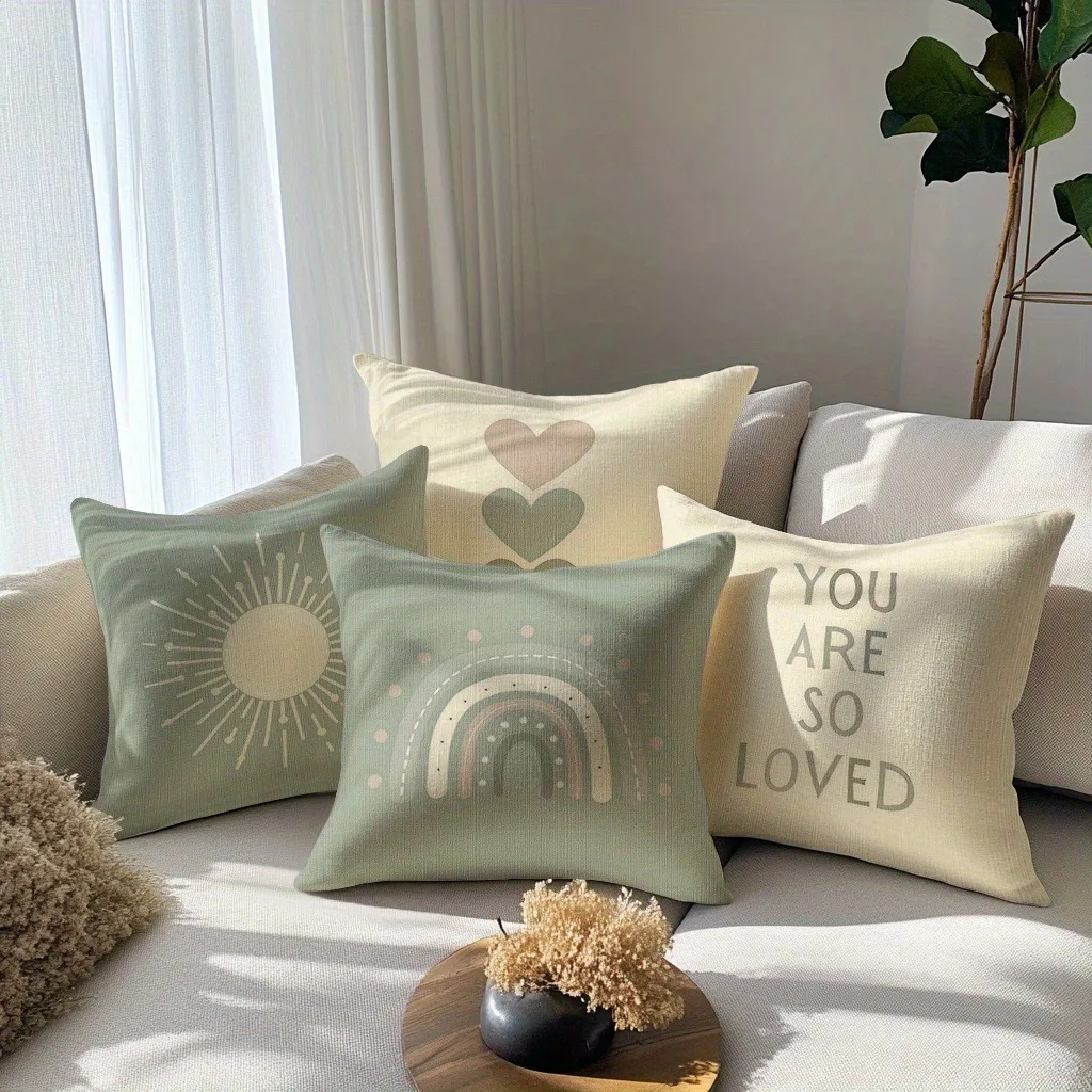 

Boho Sun Rainbow Heart Throw Pillow Cover, "You Are So Loved" Text Cushion Case for Neutral Home Decor