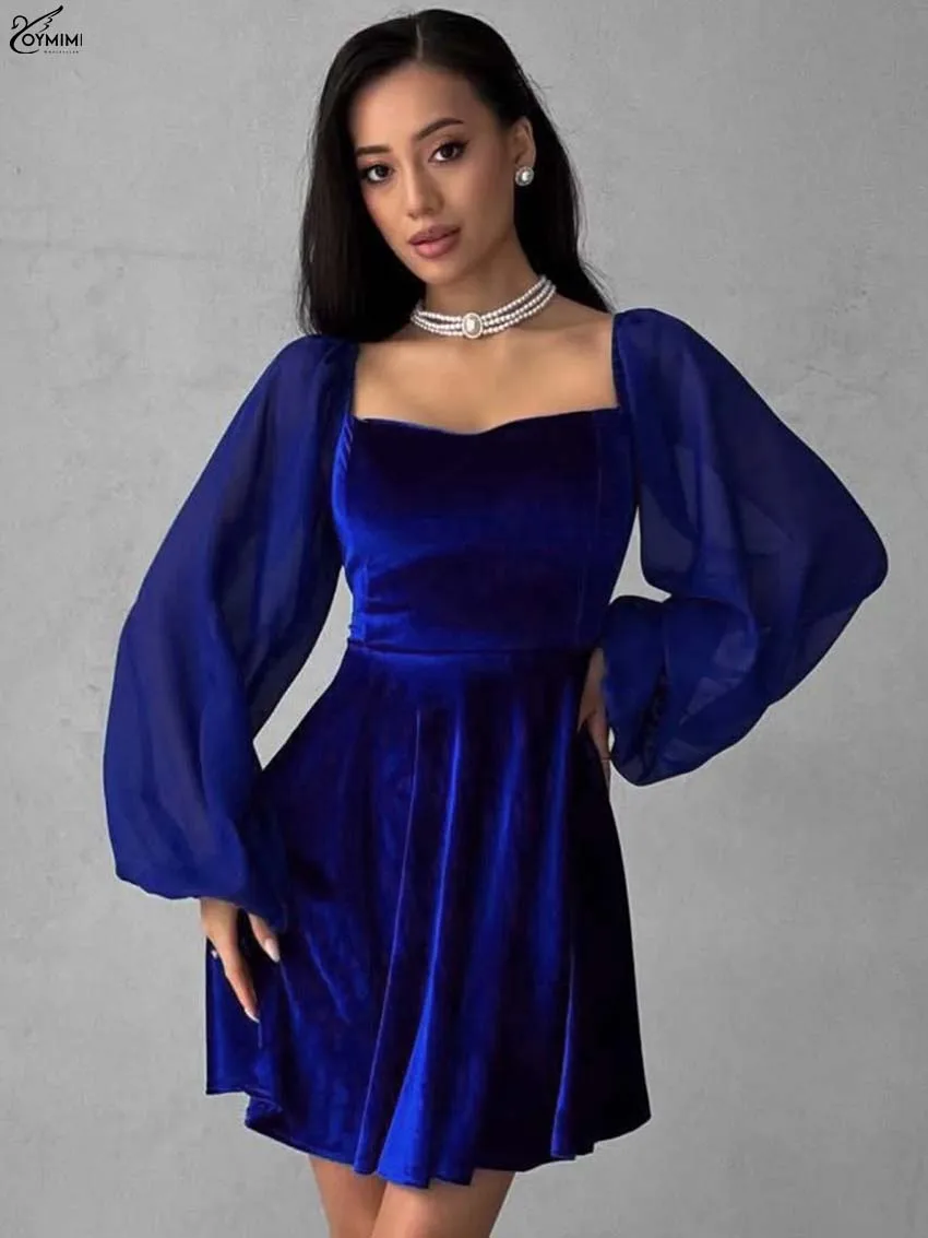 

Oymimi Elegant Blue Loose Woman Dresses Fashion Square Neck Long Sleeve Simple Dresses Casual New High Waist Pleated Mini Dress