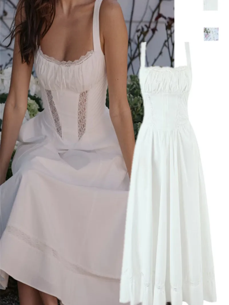 Sexy Lace Splice Sleeveless Print Casual A-Line Long Dress  Summer Spring Autumn Season European Style  Dress