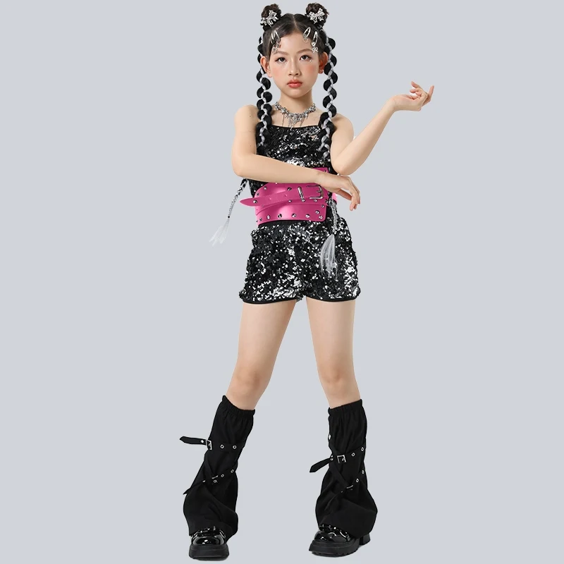 Mode Gruppe Leistung K-pop Outfit Kinder Pailletten Hip Hop Kleidung Mädchen Jazz Dance Kostüme Kinder Straße Tragen XS9865