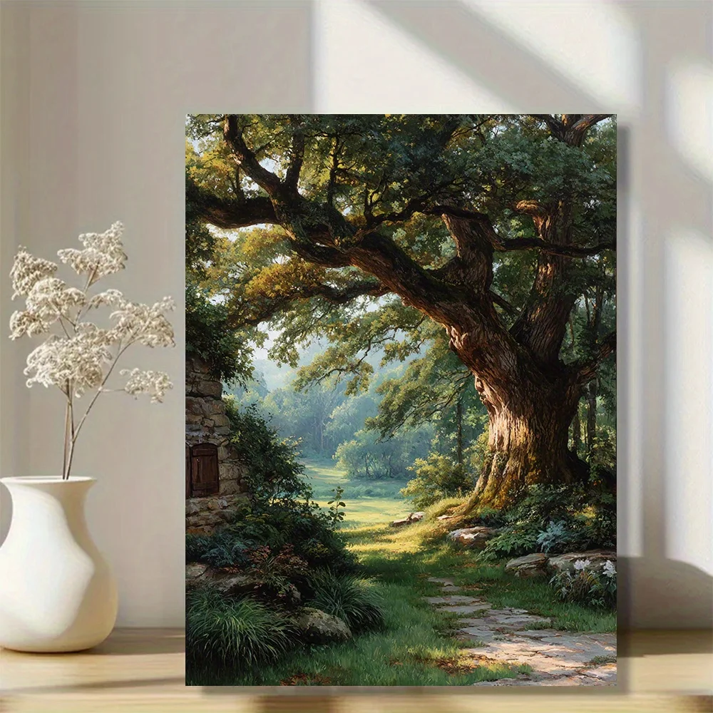 (No frame)2D Flat/2D Flat/One Framed Canvas Artwork Featuring a Landscape of an Ancient Oak Tree/Ideal for Rustic Farmhouse D