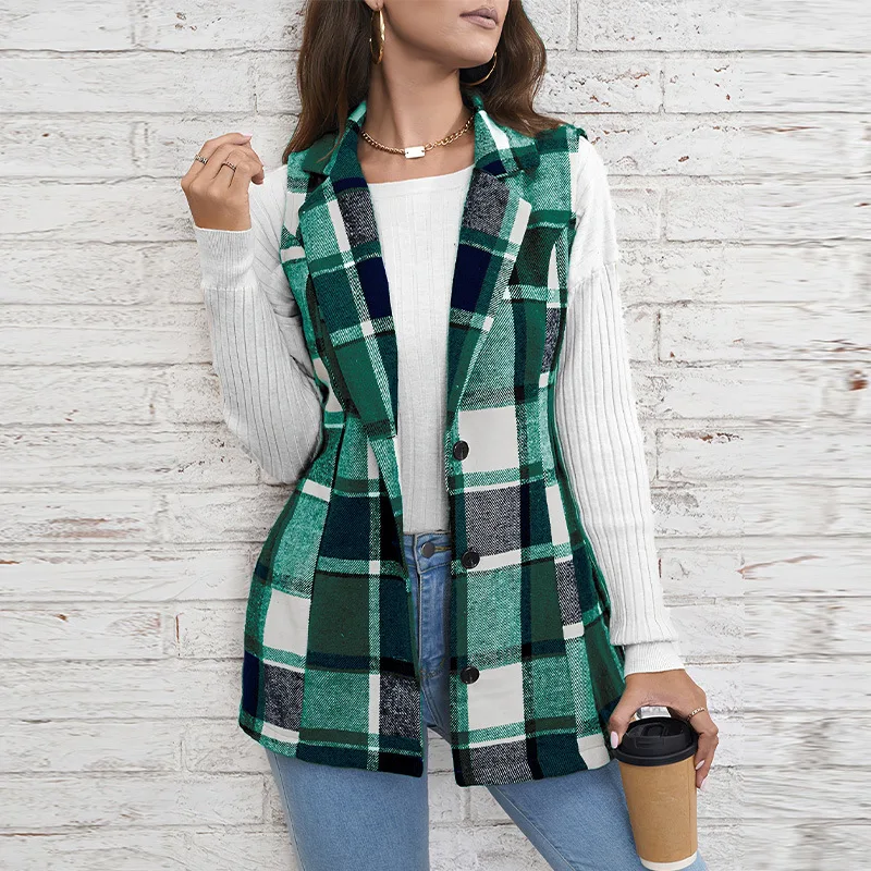 Fashionable Lapel Plaid Vest Women Slim and Versatile Cardigan Jacket