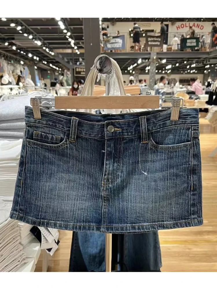 Casual Women Blue Denim Mini Skirts 2023 Summer Vintage High Waist Skirts  Solid Color Female Chic Bottoms