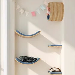 Wooden Cat Wall Mounted Climbing Shelf Set Hammock Perches Ladder Solid Wood Steps Cats Tree Tower Platform Jumping Shelves