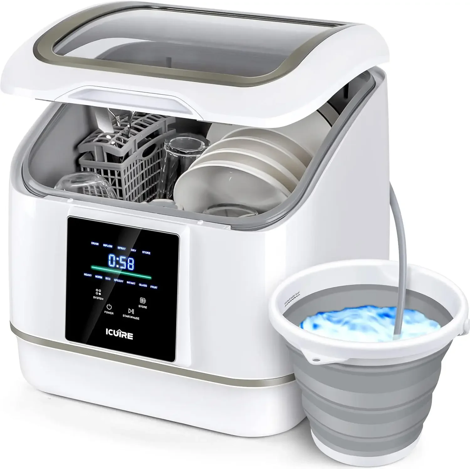 Portable Dishwasher Countertop, No Hookup Needed, 7 Washing Programs, 360°Spray, Hot Air-Dry Function, Fruit & Vegetable Soaking