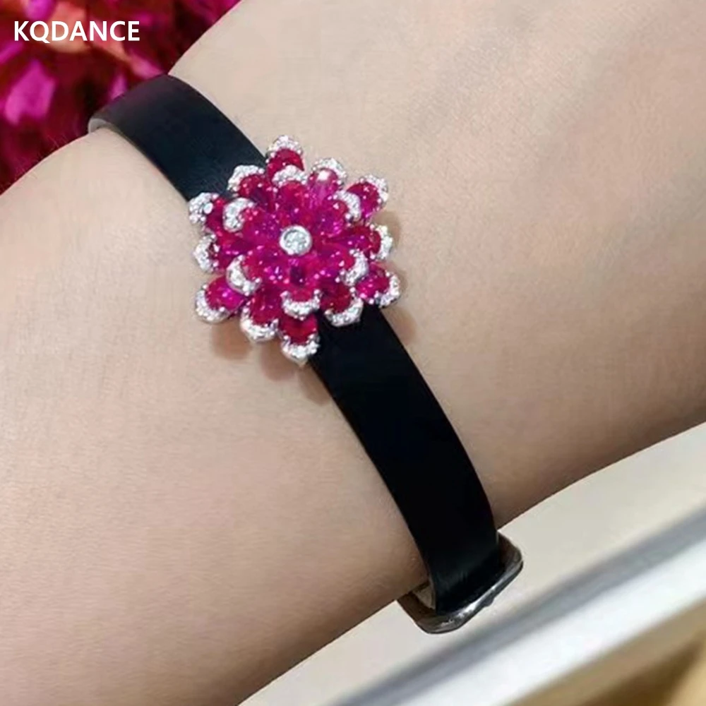 

KQDANCE 925 Sterling Silver Lotus Flower High Carbon Diamond Women Black Belt Bracelet With Ruby Red corundum Gem Stone Jewelry