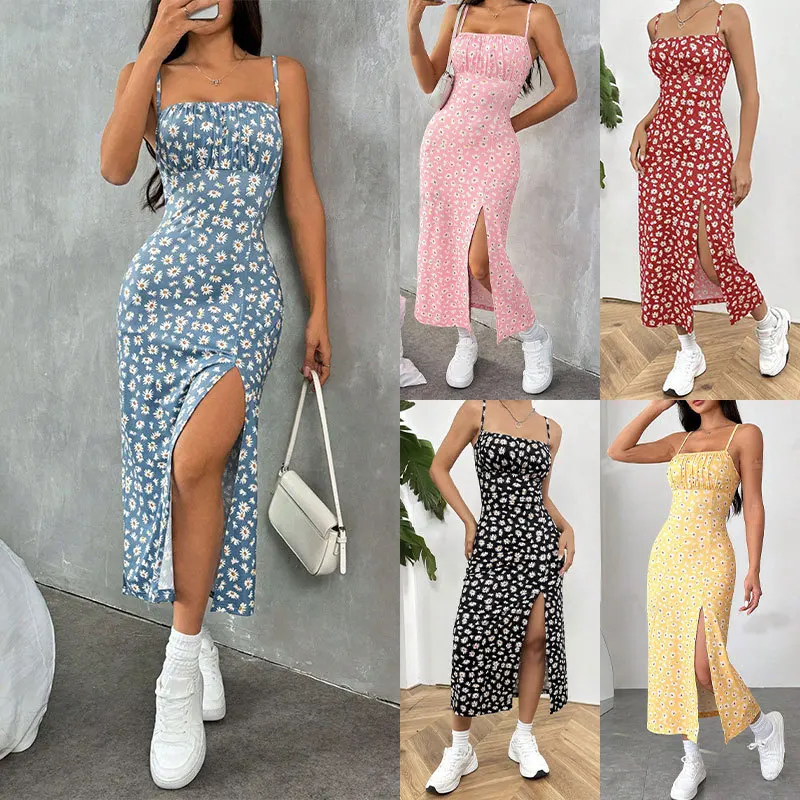 Image of Damen Freizeitkleider mit Gänseblümchen-Blumendruck, Spaghettiträgern, Midi-Länge, eckigem Ausschnitt, figurbetontem Schnitt, Schlitz, Sommerkleid, Strandparty-Sonnenkleid