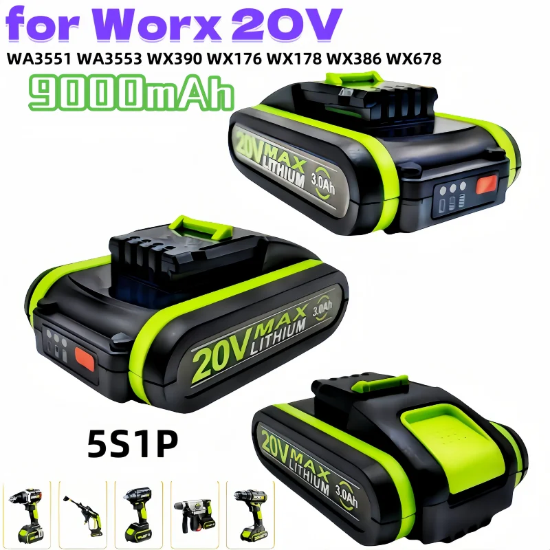 Para Worx 20V herramienta eléctrica batería de litio recargable 9000mAh, adecuada para Worx WA3551 WA3553 WX390 WX176 WX178 WX386 WX678, etc.