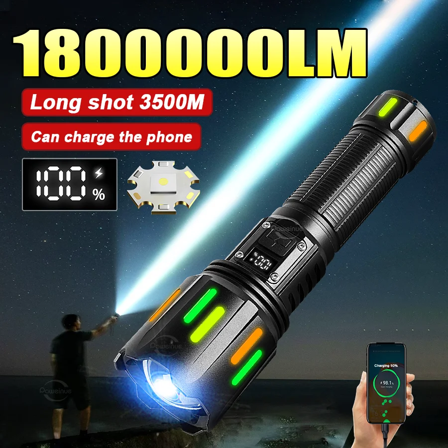 

Super Powerful LED Flashlight 1000000LM High Power Torch Strong Light 800W Led Flash Light Rechargeable Hunting Tactical Lantren
