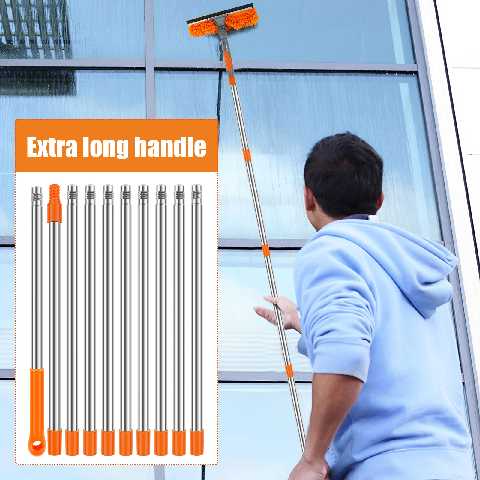 100-420CM Extended Window Cleaning Kit 2 in 1 Double Sided Glass Squeegee Cleaner Duster Mop 180° Swivel Window Cleaning Tools