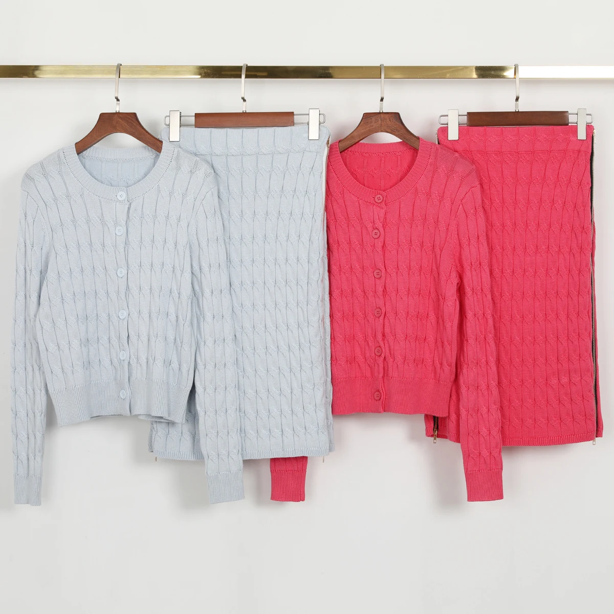 2697 High-quality Summer And Autumn New Fashionable Knitted Long Sleeved Top Cardigan+side Zipper Wrapped Hip Skirt Women Set