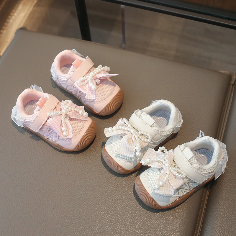 

Girls Princess Casual Shoes with Sweet Beading Kids Tennis Shoes Mesh Breathable 2026 Brand New Children Sports Shoes Soft Sole