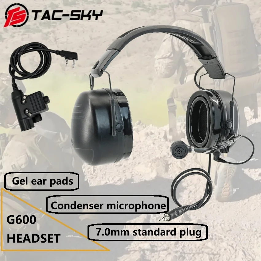 TS TAC-SKY Tactical Two-way Communication G600 Headset Ear Protection Tactical Earmuffs with 7.0mm Standard Plug PTT Headphones