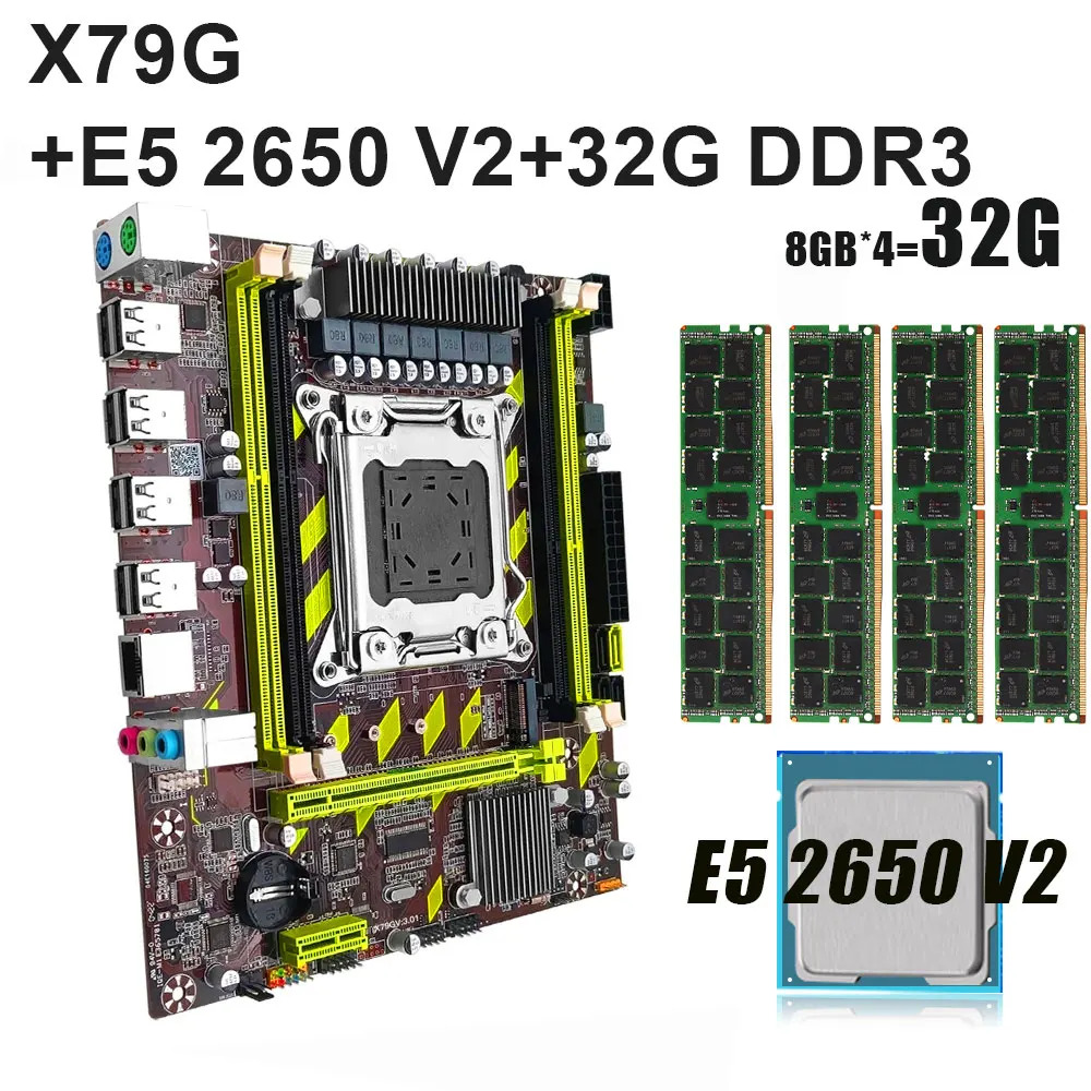 KEYIYOU X79 LGA2011 Motherboard with XEON E5 2650 V2 CPU 4*8GB = 32GB DDR3 1600MHZ REG ECC RAM Memory Combo Kit Set NVME SATA