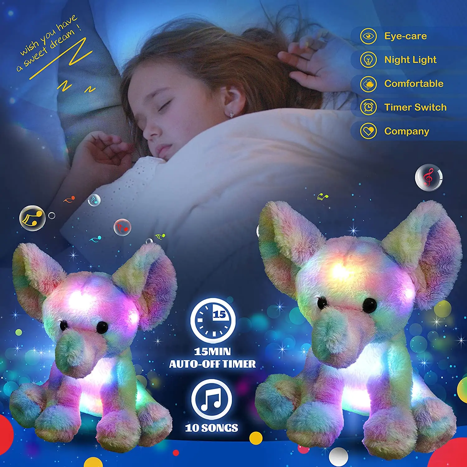 20-60cm Kawaii Luminous Stuffed Animal Rainbow Elephant Glow Plush Toys with LED Night Music Lights Lullabies Gifts for Kids