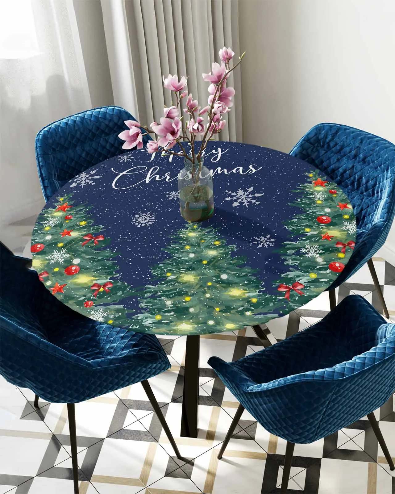 Christmas Tree Text Snowflake Lantern Round Elastic Edged Table Cover Protector Cloth Waterproof Fitted Tablecloth