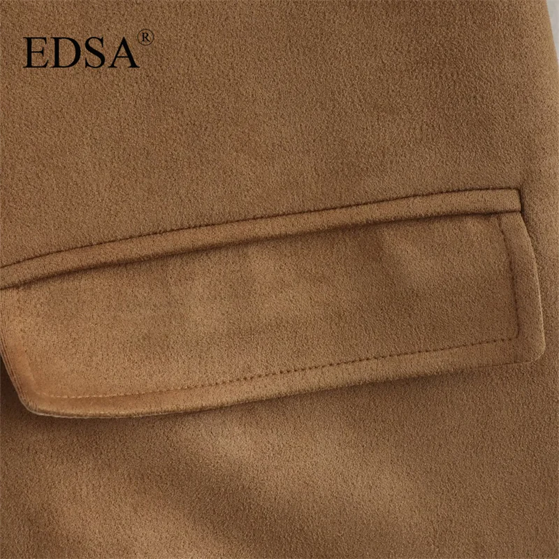 EDSA Women Suede Blazer Jacket with Flap Pockets for Office Lady Single Breasted Long Sleeves Suits Coat Outerwear