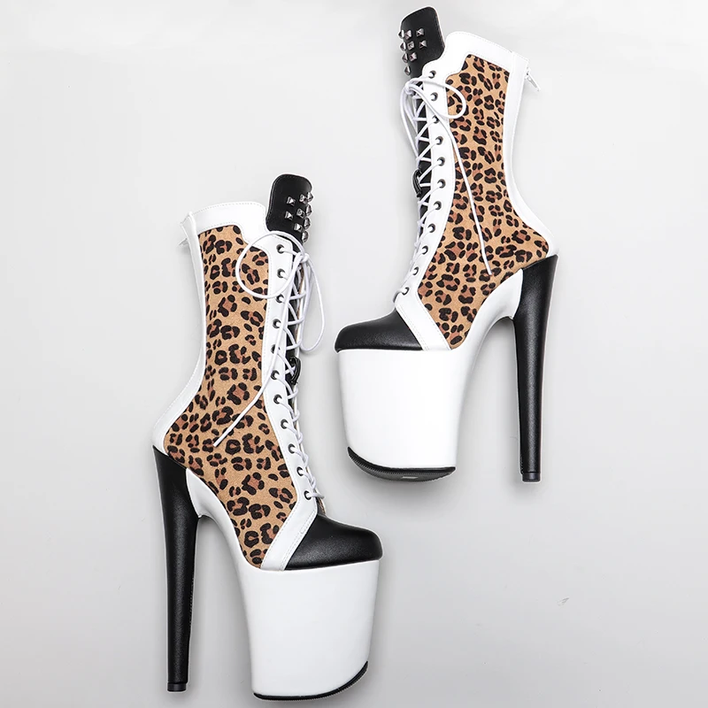 Leecabe 20CM/8inch Leopard with  mette  PU  upper  fashion  High Heels Pole Dance boot