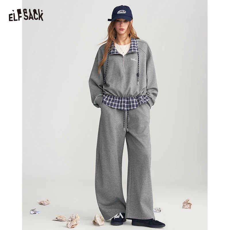 ELFSACK Women Y2K Two‑Piece Sweatset with Plaid Splicing, Half‑Zip Sweatshirt & Wide Leg Pants for Daily Casual Wear