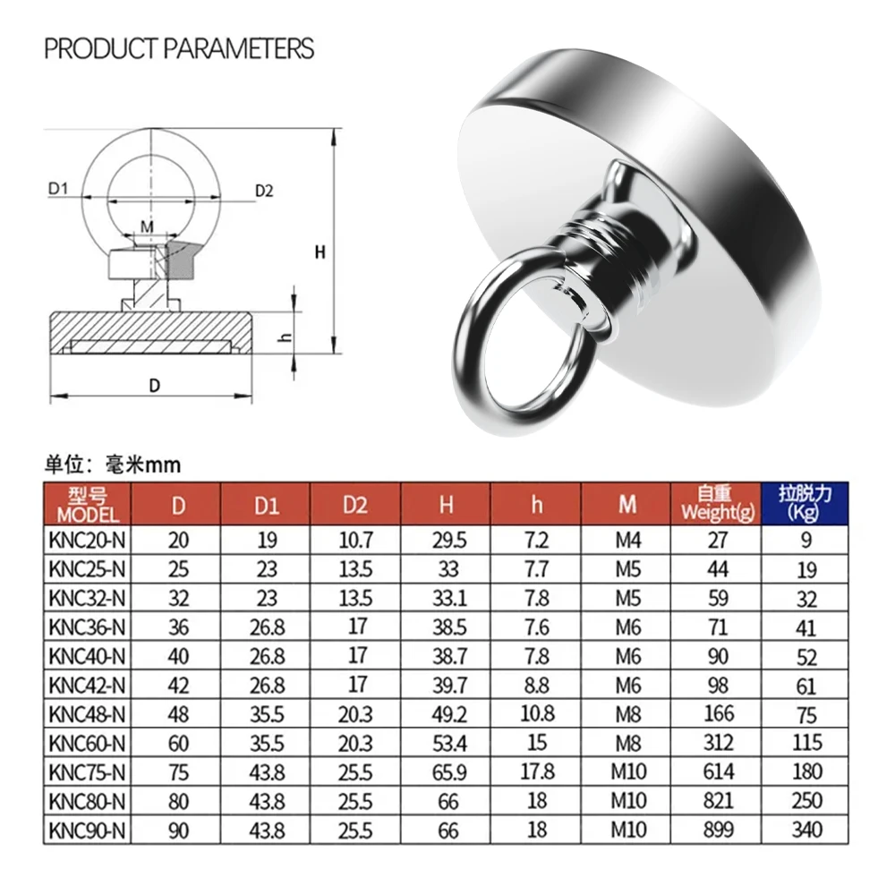 D16/20/25/32/36/60 Starker Neodym-Magnet Bergungsmagnet Tiefseefischen Magnete Halter Ziehen Montagetopf mit Ringschraube