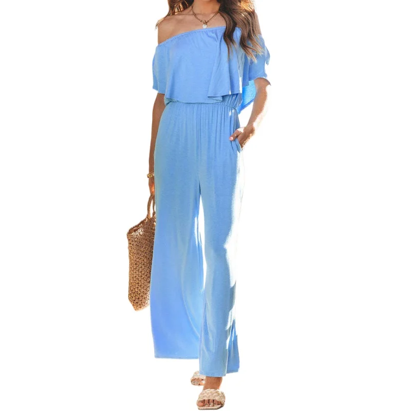 

Women's Flying Sleeve Wide-Leg Jumpsuit, One-Line, Backless, Monochromatic, Casual, Summer