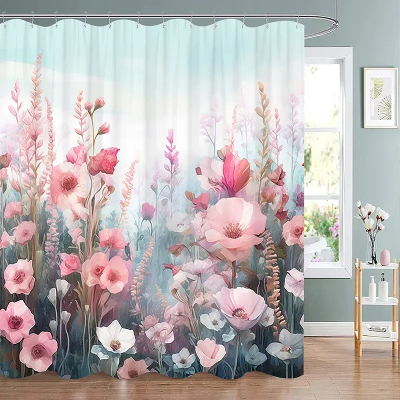 Beautiful Botanical Floral Shower Curtain Watercolour Style Floral Landscape Washable Fabric Shower Curtains Bathroom Decoration