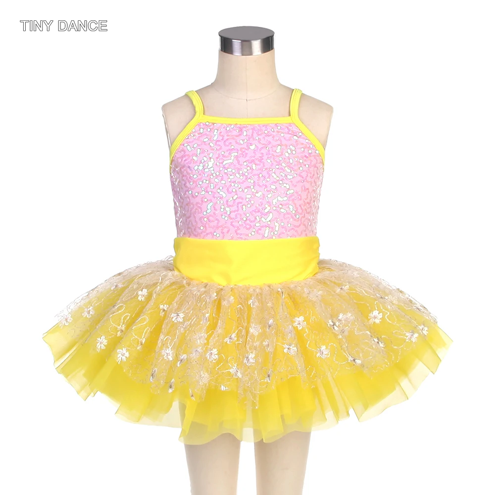 

Pink Sequin Spandex Leotard Bodice with Attached Yellow Tulle Tutu Skirt Girls Ballet Dance Tutus Ballerina Costumes 22514