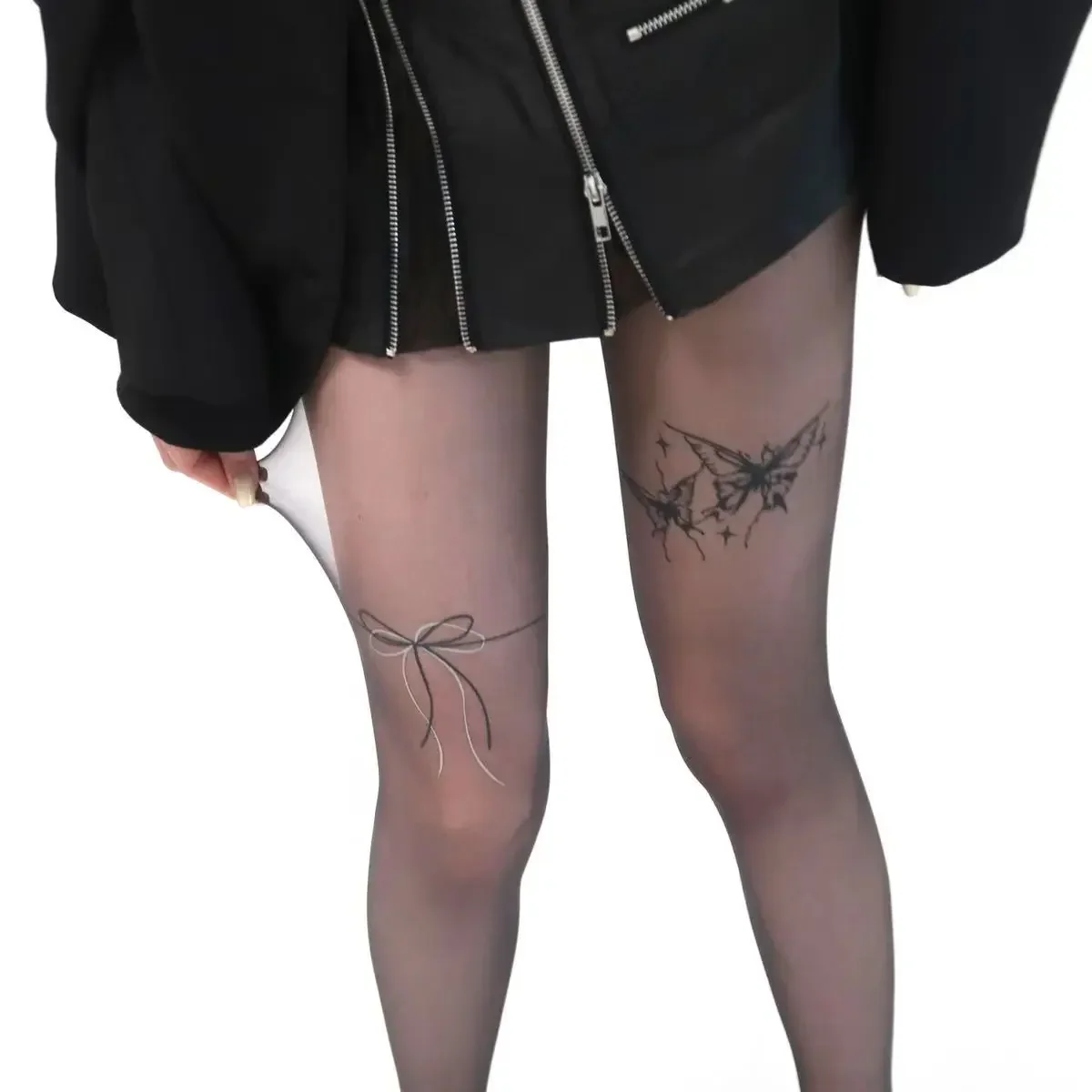 

Summer Butterfly Tattoo Pure Desire Black Silk Pantyhose Style Women Anti-Catch Tights Female Girls Cute Bowknot Hosiery Medias