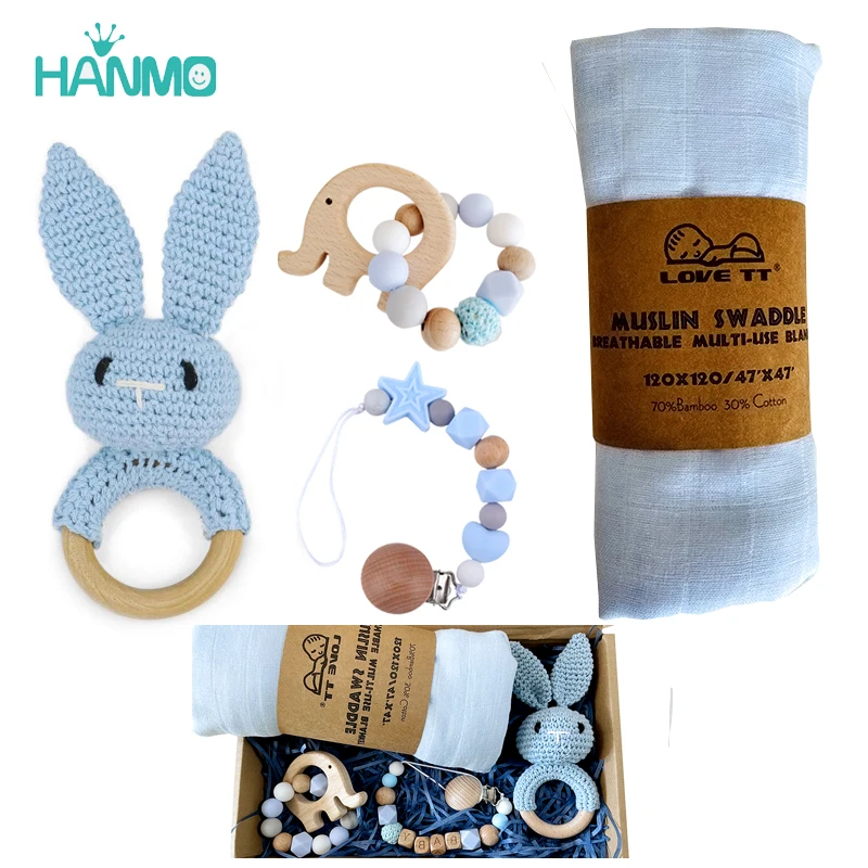 Newborn Gift muslin cotton blanket baby teether Silica natural beech Pacifier Chain Rabbit Hand Bell Kids Crochet Rattle Toy