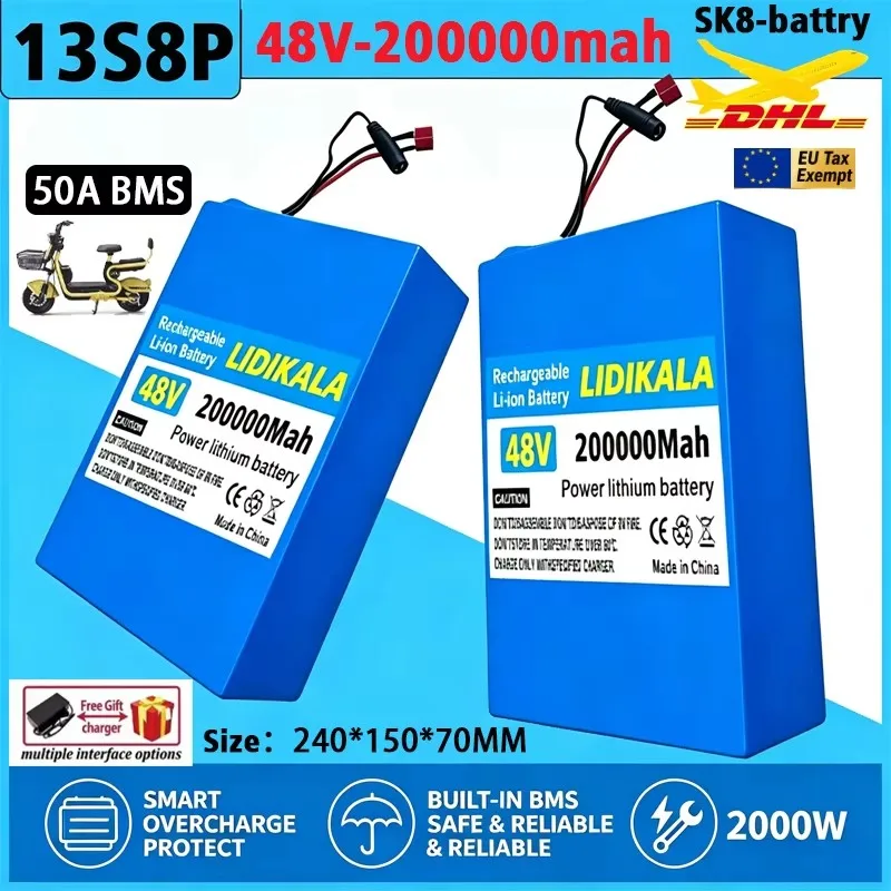 48V Power-Akku 13S8P 200Ah 18650 Wiederaufladbarer Li-Ionen-Akku Hochleistungs-Akku mit BMS für Motorrad, Roller, Fahrrad