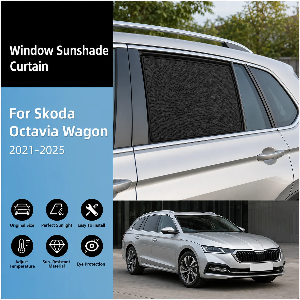 Custom Snap Car Window Sunshade For Skoda Octavia MK4 Standard RS VRS Combi 2021 2022 2023 2024-2026 Side Curtain Frame Curtain