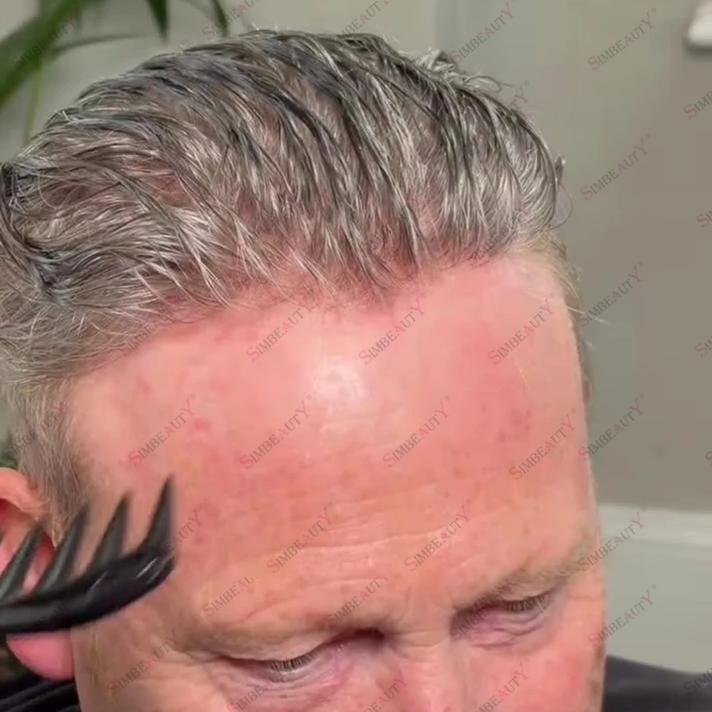 Natural Hairline 0.02mm Super Thin Skin Base Men\'s Toupee 80~90% Density Grey Male Human Hair Capillary Prosthesis System Wigs