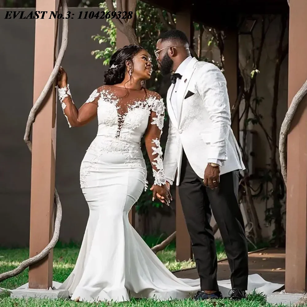 EVLAST Personalizzato 2026 Africano Manica Lunga Dubai Abito Da Sposa In Pizzo Applique In Rilievo Plus Size Abito Da Sposa De Mariee E3W68