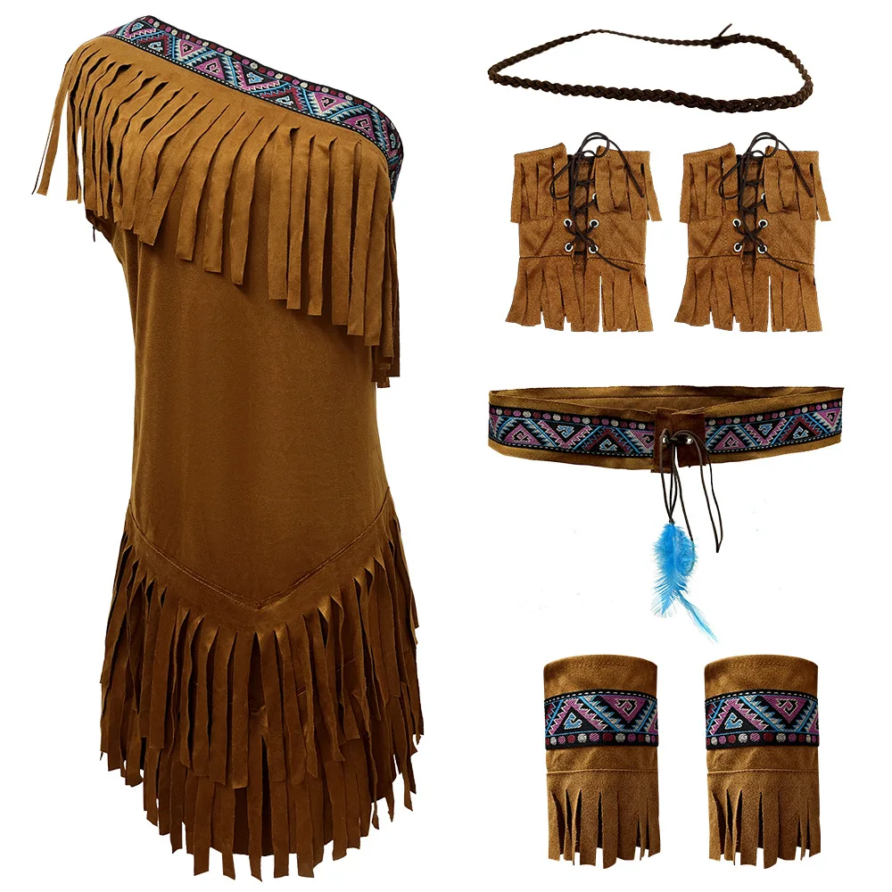 

2025 New Halloween Indian Native Dress Tassel Forest Women's Clothing Ethnic Stage Costume Wild Man Indian Outfit