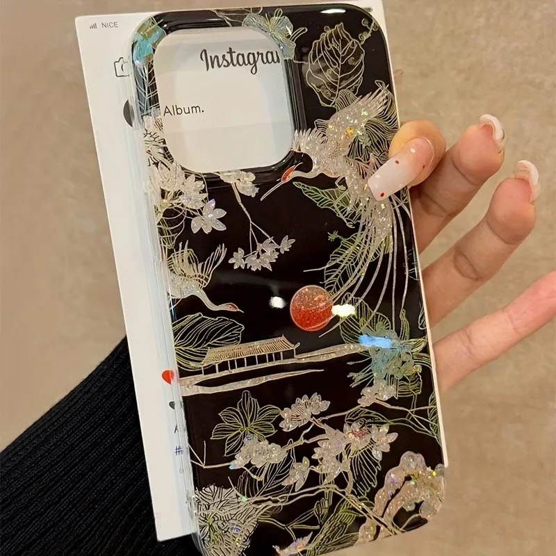Sparkling Glitter Chinese Style Landscape Crane Phone Case For iPhone 11 12 13 14 15 16 17 Pro Max XS XR X 7 8 Plus Soft Cover - náhled 2