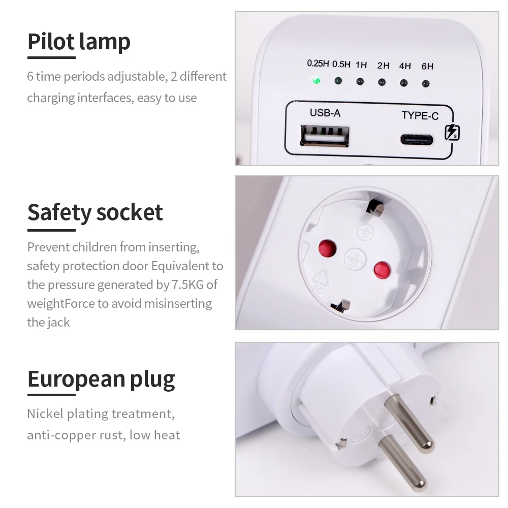 USB Type-C Timer Switch Digital Countdown Charging Timing Socket EU Plug Outlet Kitchen Appliance Electronic Time Control 16A