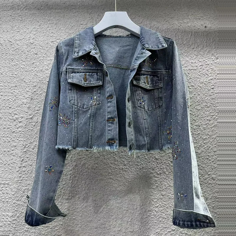 Spring Autumn Women Fashion Diamond Butterfly Slim Short Denim Jacket Light Blue Frayed Burrs Hem Lapel Long Sleeve Jeans Jacket